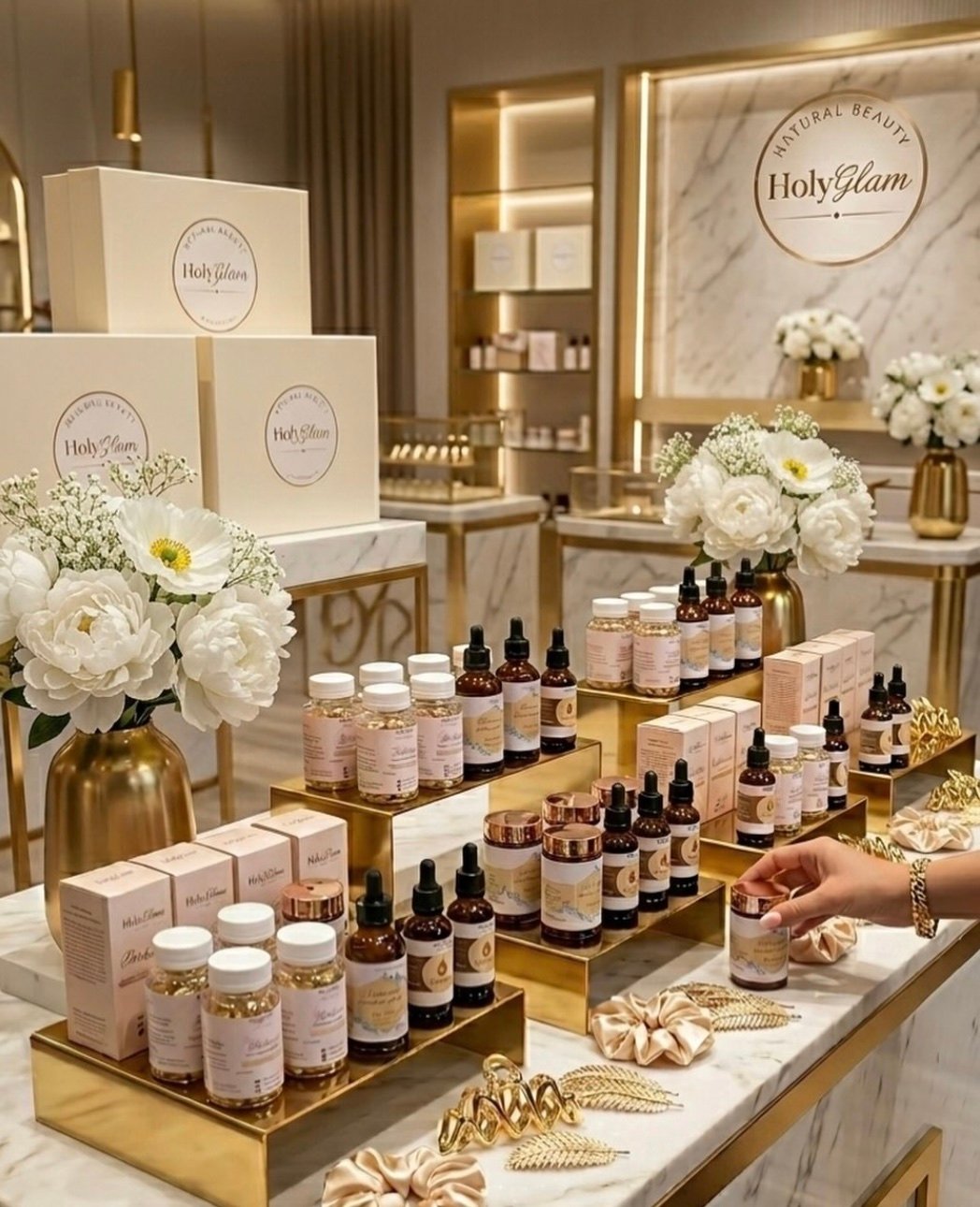 Exhibidores dorados con frascos, cajas y accesorios HolyGlam sobre mármol blanco.